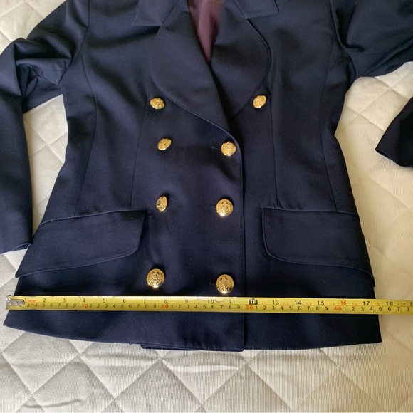 Navy blue pure virgin wool long blazer double breasted collar gold metal buttons - Picture 11 of 15